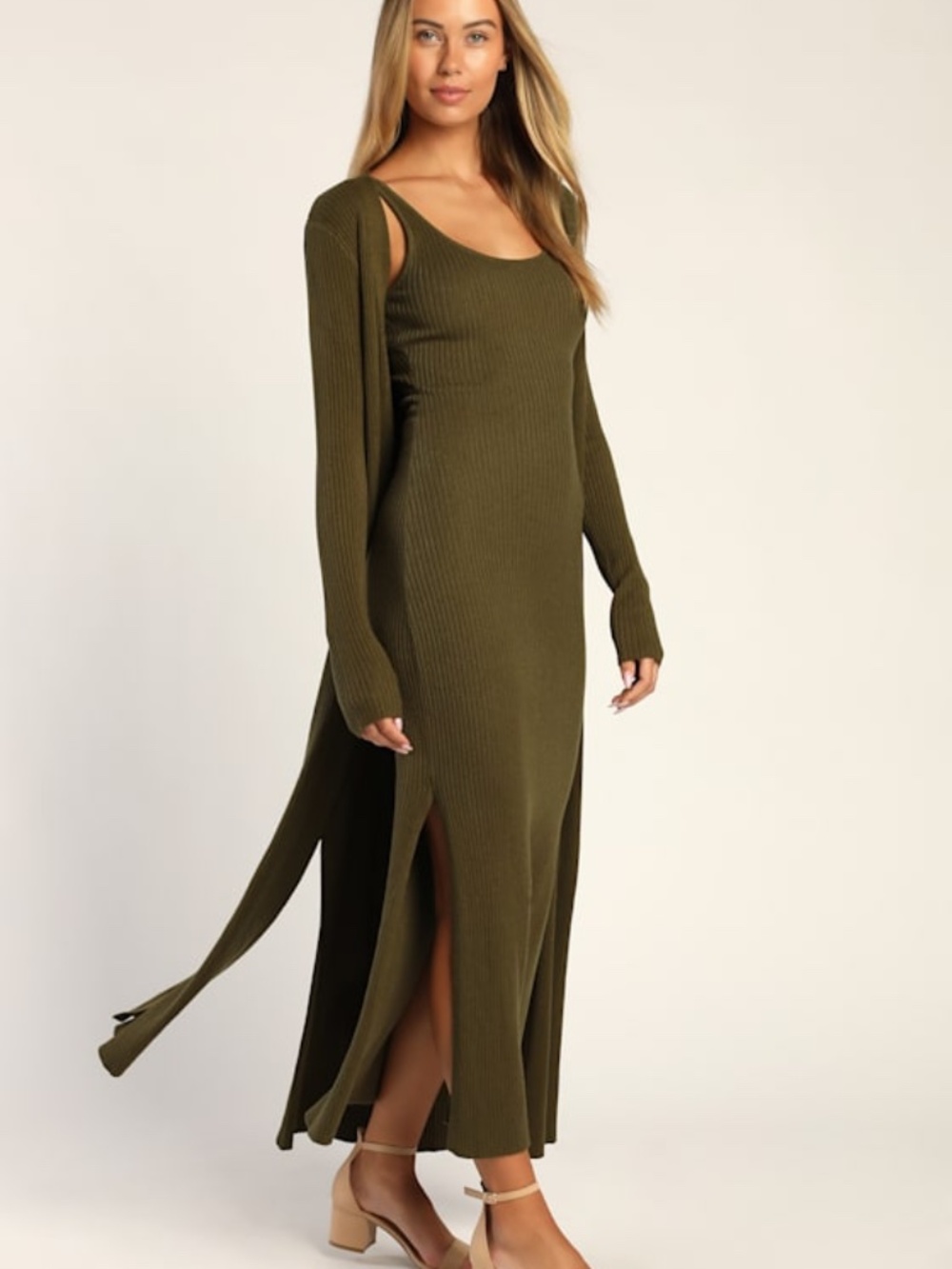 Lulus Layer Lover Olive Ribbed Knit Two-piece Dress & Cardigan Set Green
